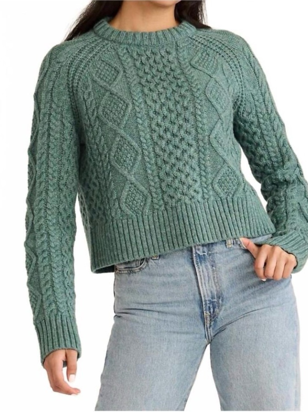 NWOT Pendleton Teal Cropped Shetland Cable Knit Fisherman Sweater L
